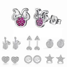 925 пробы серебряные серьги, милые ослепительные серьги-гвоздики с Микки Маусом, круглые серьги с кристаллами в форме сердца для женщин и девочек