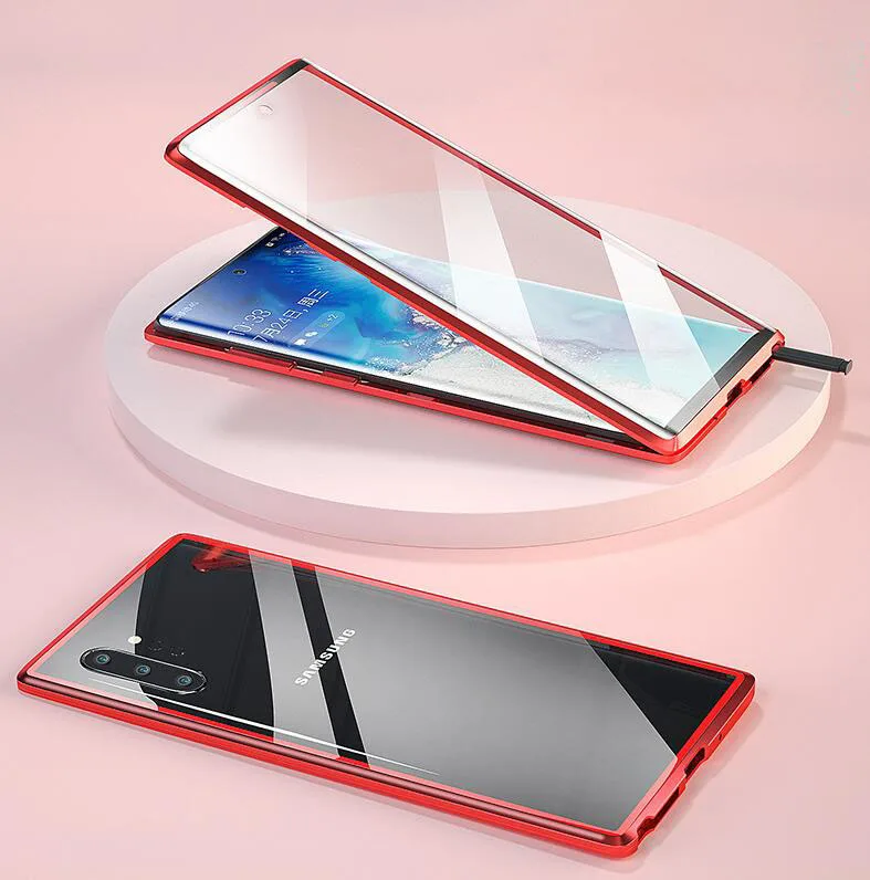 Для samsung Note 10+ plus Note 10 Pro Чехол для мобильного телефона Магнето двойное стекло в рамке ультратонкий антиосенний адсорбционный прозрачный - Цвет: red