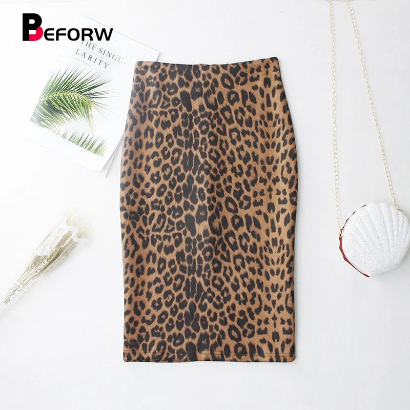 

BEFORW 2019 New Fashion Suede Women High Waist Leopard Print Pencil Skirt Elegant Vintage Sexy Office Casual Womens Skirts