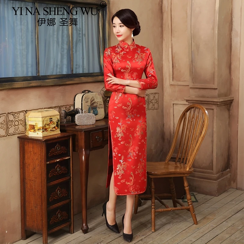 Новое улучшенное китайское длинное платье Cheongsam элегантное плотное платье с принтом Cheongsam Show T_shirt cheongsam платье Элегантное Атласное