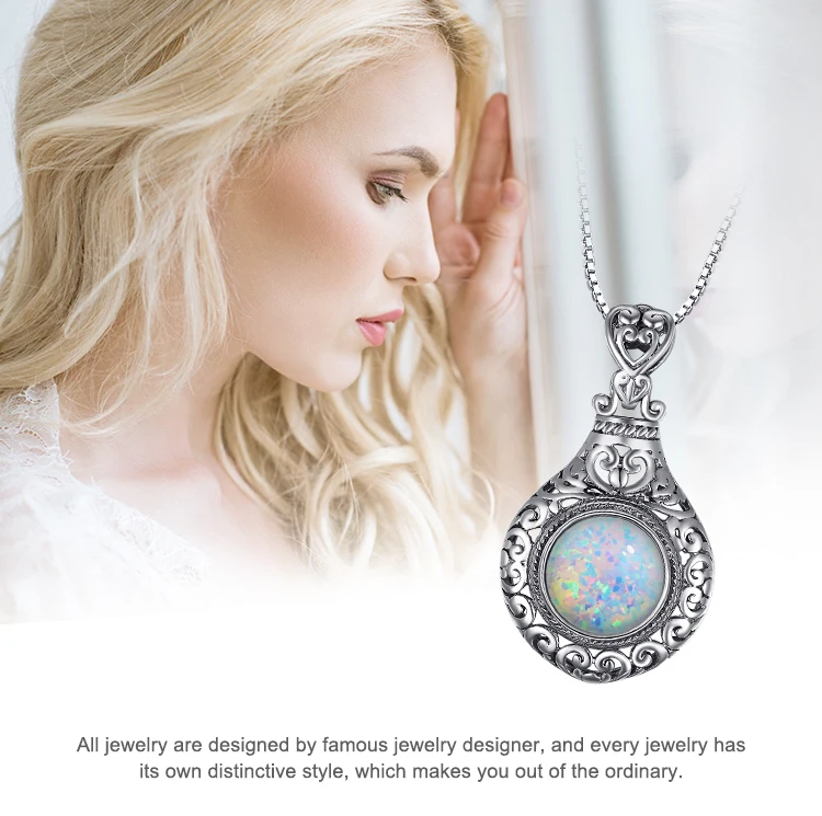 Vintage Sterling Silver Opal Heart Statement Pendant Necklace_voghion.com