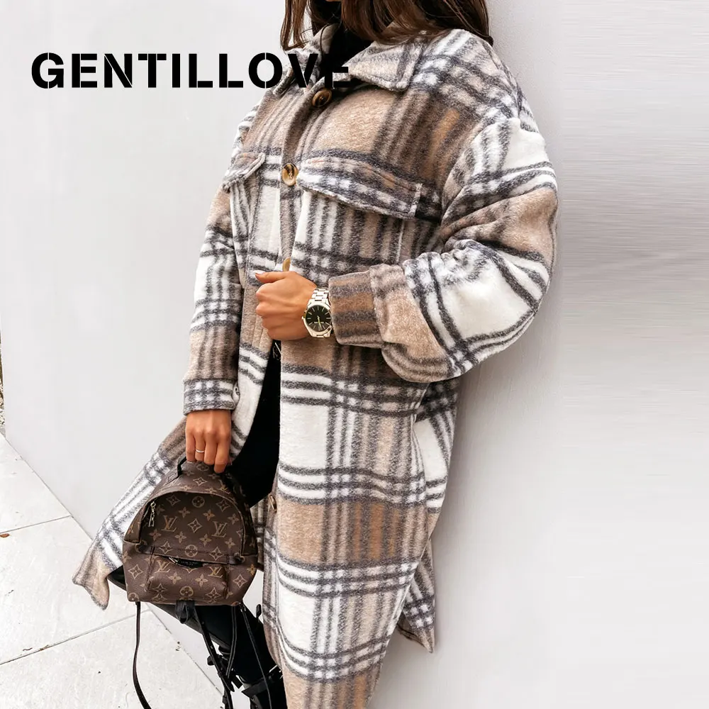 

Women Plaid Jacket Vintage Coat Autumn Winter Lapel Collar Pockets Long Sleeve Loose Outerwear Female Warm Stylish Tops Overcoat
