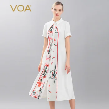 

VOA polar white 40mm heavyweight Lapel print panel loose leaf design single breasted silk shirt a10738