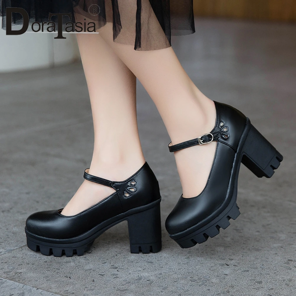 

DORATASIA Hot Sale Spring Elegant Shallow Platform Pumps High Block Heels Pumps Women Sweet Round Toe Ankle Strap Shoes Woman