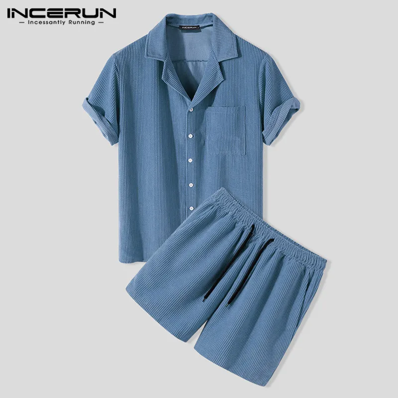 Suits Mens-Sets Incerun Men Shirts Short-Sleeve Drawstring Fashion 2pieces 5XL Solid
