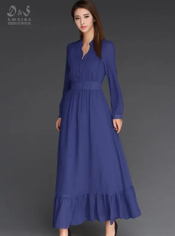 Новое поступление, горячая распродажа, элегантное женское шифоновое длинное платье с v-образным вырезом и длинным рукавом
