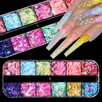 

12 Grids Colorful Butterfly Nail Glitter Sequins Mixed Powder Foils Decals Ultrathin Flakes For Acrylic Nails Art Decoration