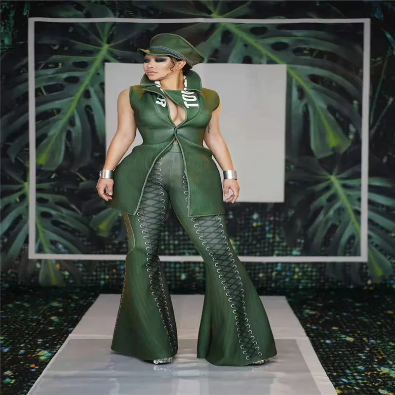 Y70 Female green jacket printed women pants party evening dress disco stage dance costumes bar outf