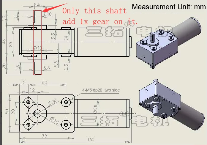 

Diameter 10 mm Lenght 85 mm double sides output shaft (with the first gear on it) GW38ZY