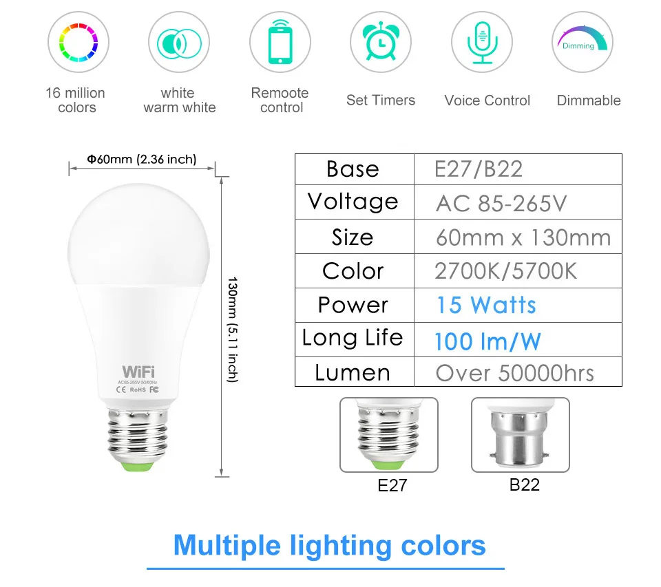 Светодиодный RGB лампочка E27 светильник с регулируемой яркостью, Wi-Fi лампочка с голосовым управлением, 15 Вт, AC85V-265V, цветная волшебная лампа для отдыха, бара, клуба, дома, ночи, умная лампа