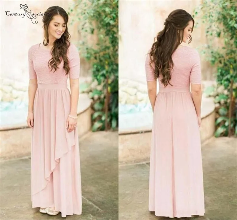 Pink Bridesmaid Dresses Long Short Sleeves Floor Length O-Neck Lace Chiffon Dresses Wedding Guest Maid Of Honor Gowns