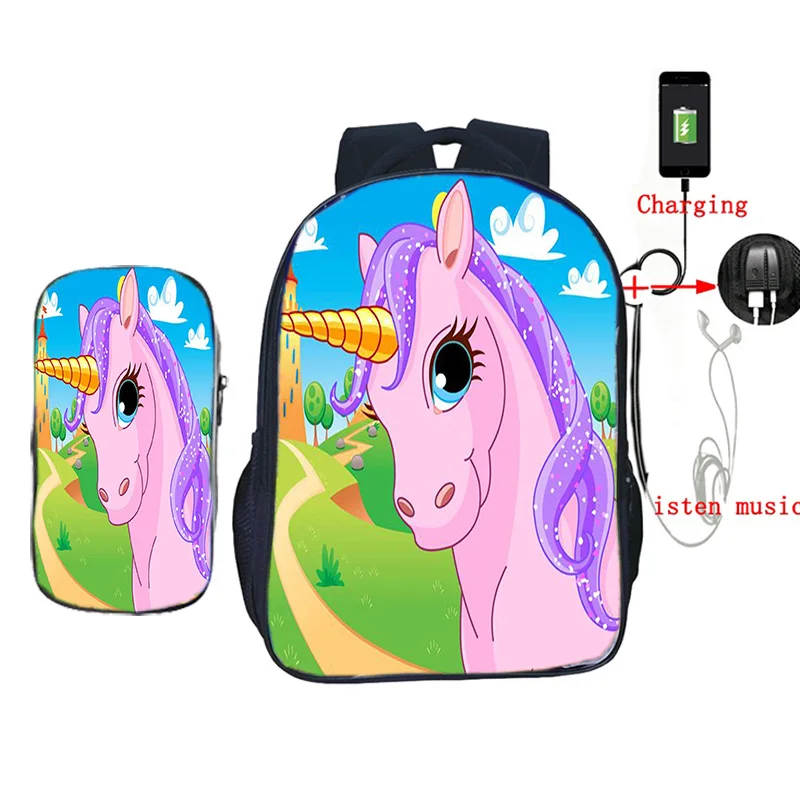 2 шт./компл. Kawaii Единорог школьная сумка USB зарядка мочилы для подростков мальчиков девочек ежедневный рюкзак дорожные сумки - Цвет: 1