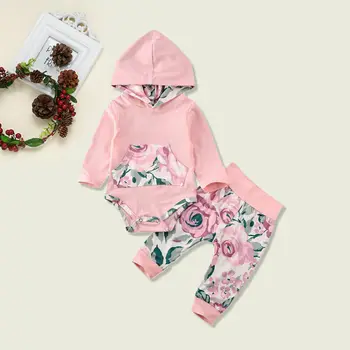 

2019 New Fashion Autumn Toddler Baby Girls Clothes Flower Hood Romper Top Pants Outfits 2PCS