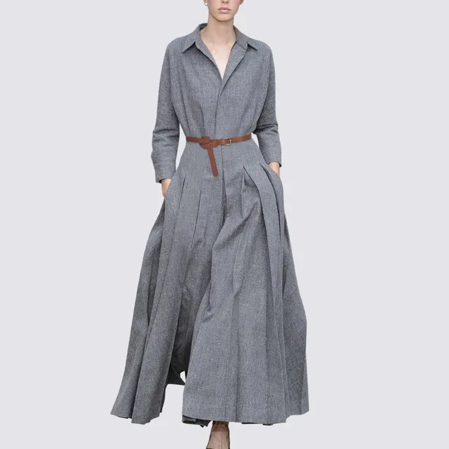 Spring Autumn Trend Fashion Dress Turn Down Collar Long Sleeve Pleated