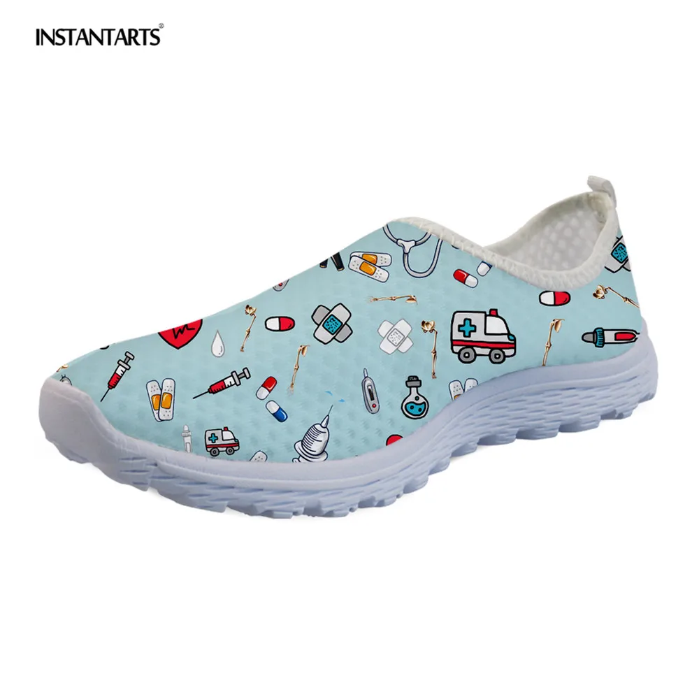 

INSTANTARTS Cute Ambulance Print Nursing Flats Woman Medical Equipment Pattern Woman Casual Sneakers Lightweight Slip ons Shoes