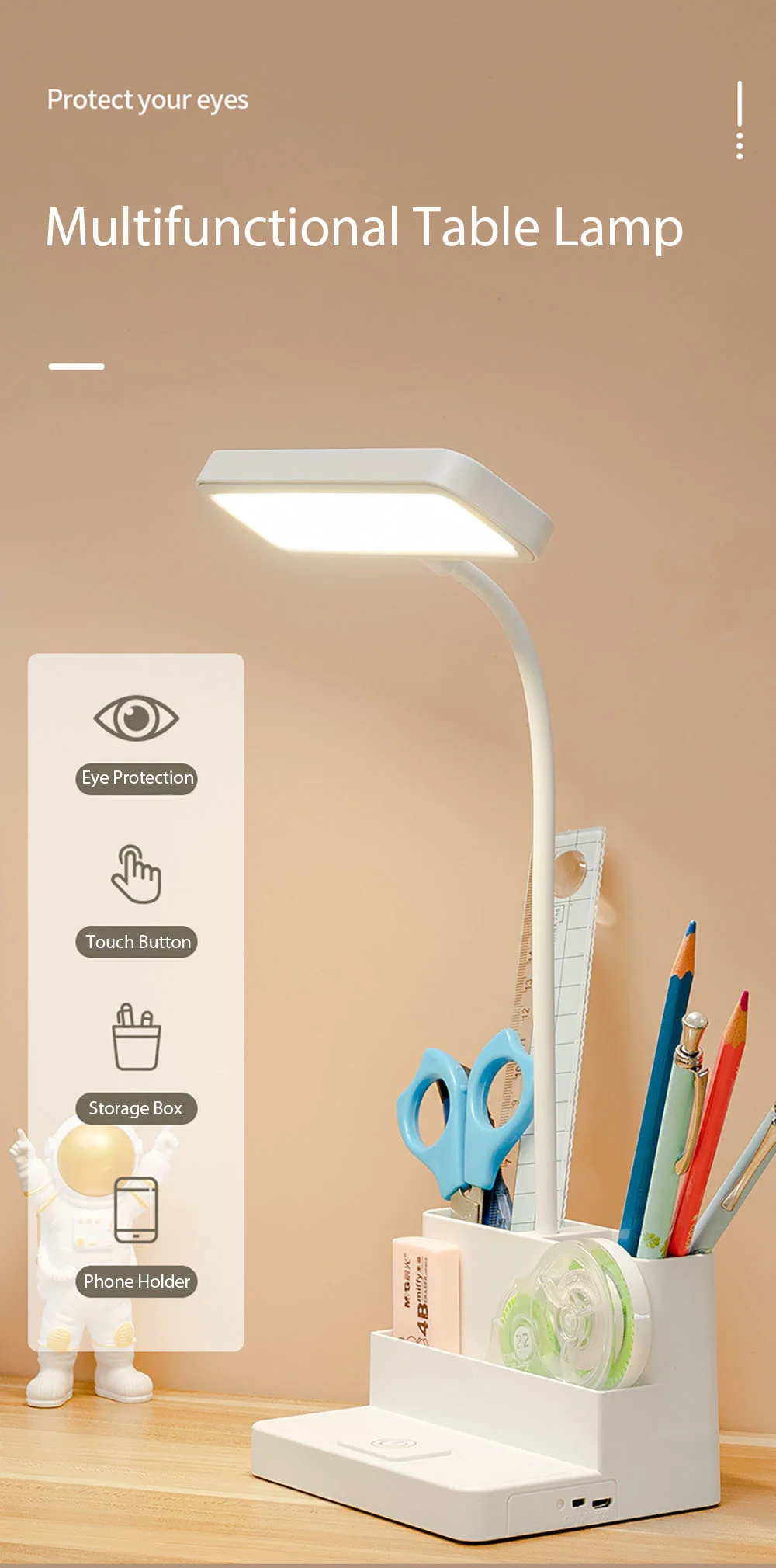 LED With Pen Storage Eye Protection Table Lamp