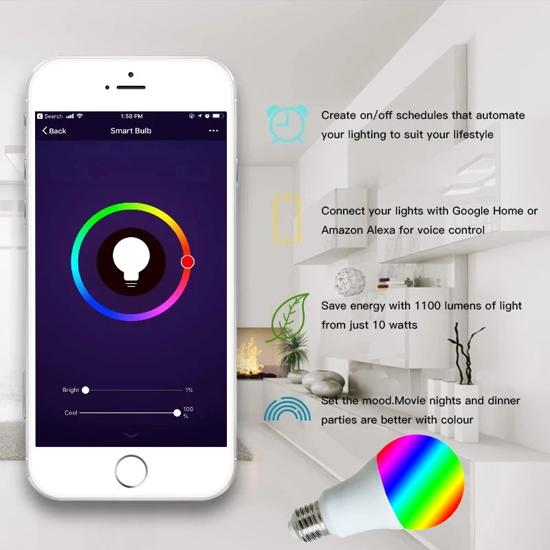ACCKIP AC220V E27 светодиодный светильник RGB 9 Вт Wi Fi управление через приложение умная