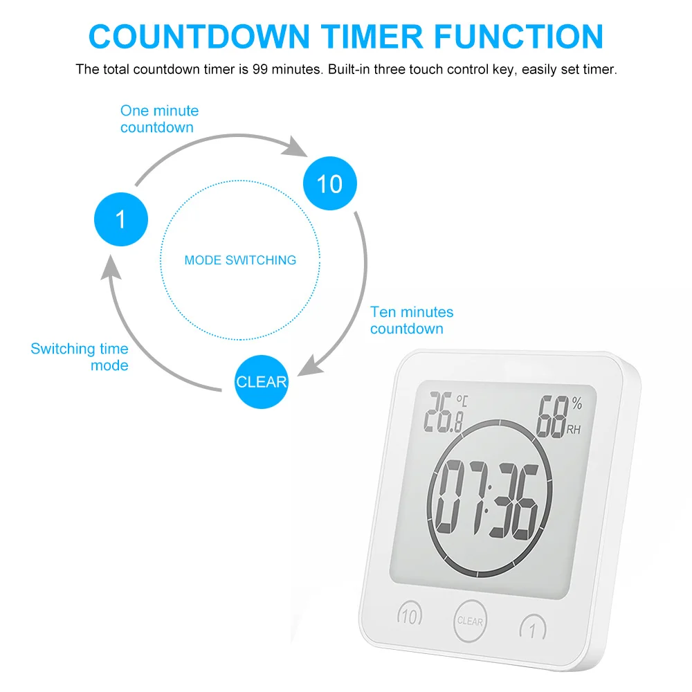 LCD Digital Waterproof For Water Splashes Bathroom Wall Clock Shower Clocks Timer Temperature Humidity Kitchen Wash Room Timers