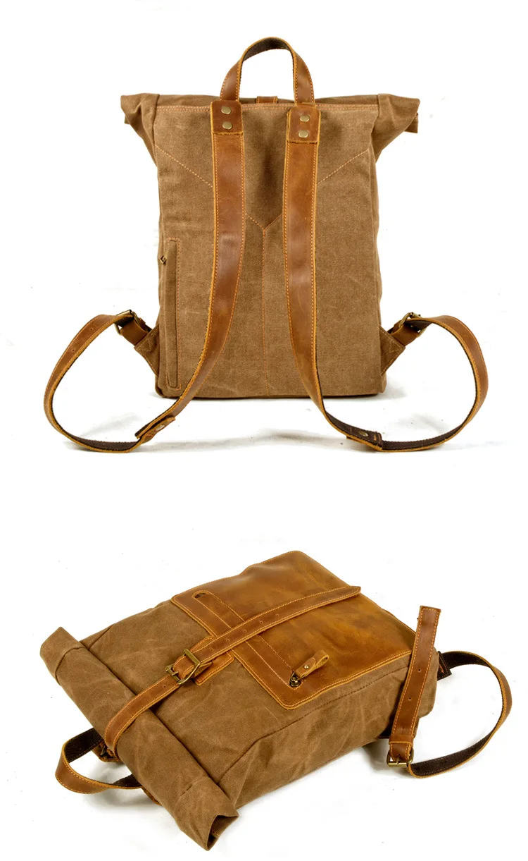 BACK DISPLAY of Woosir Retro Waxed Canvas Casual Leather Backpack