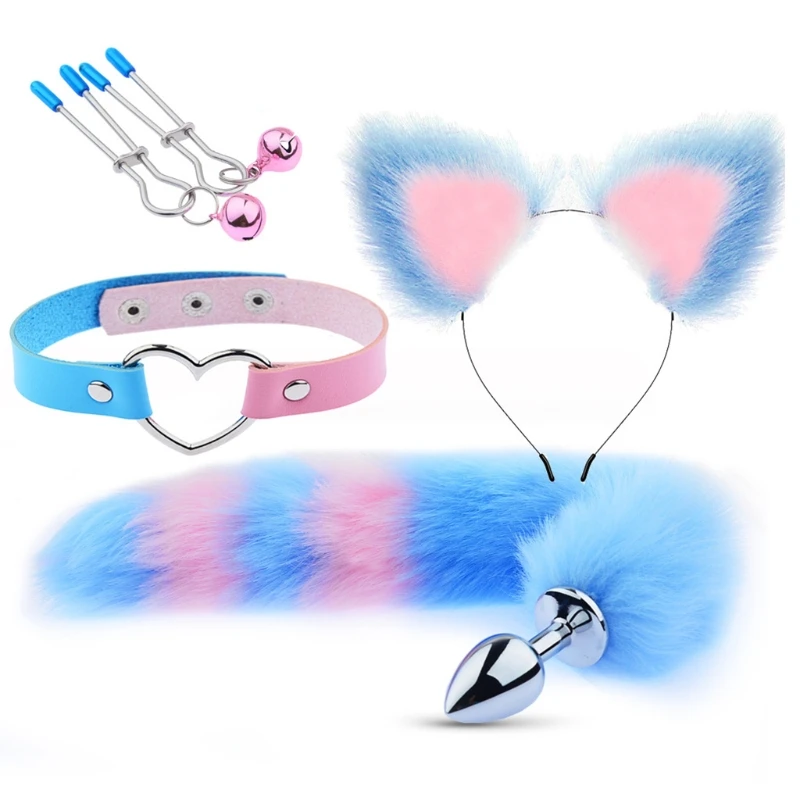 Female BDSM Sex Toys Suit Heart Collar Bell Nipples Clamps Rabbit Tail Plug Ears Headband for Woman Couples 68UD |
