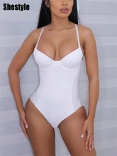 

Shestyle Cup Spaghetti Strap Bodysuits Women Solid Apricot Black Sleeveless Chest Wrapping Pads Mesh Patchwork Low Cut Body Sexy