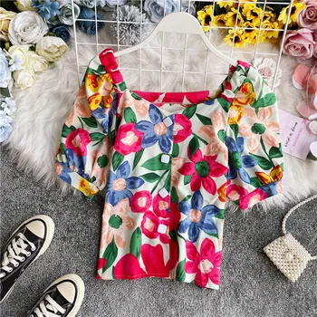

chiffon single breasted floral women blouse summer new square collar casual all match female outwear blouse pulls tops