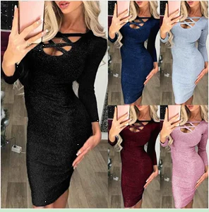 New Fashion Sexy Women V Ncek Solid Sequined Glitter Stitching Shining Club Sheath Long Sleeved Mini Dress For Female