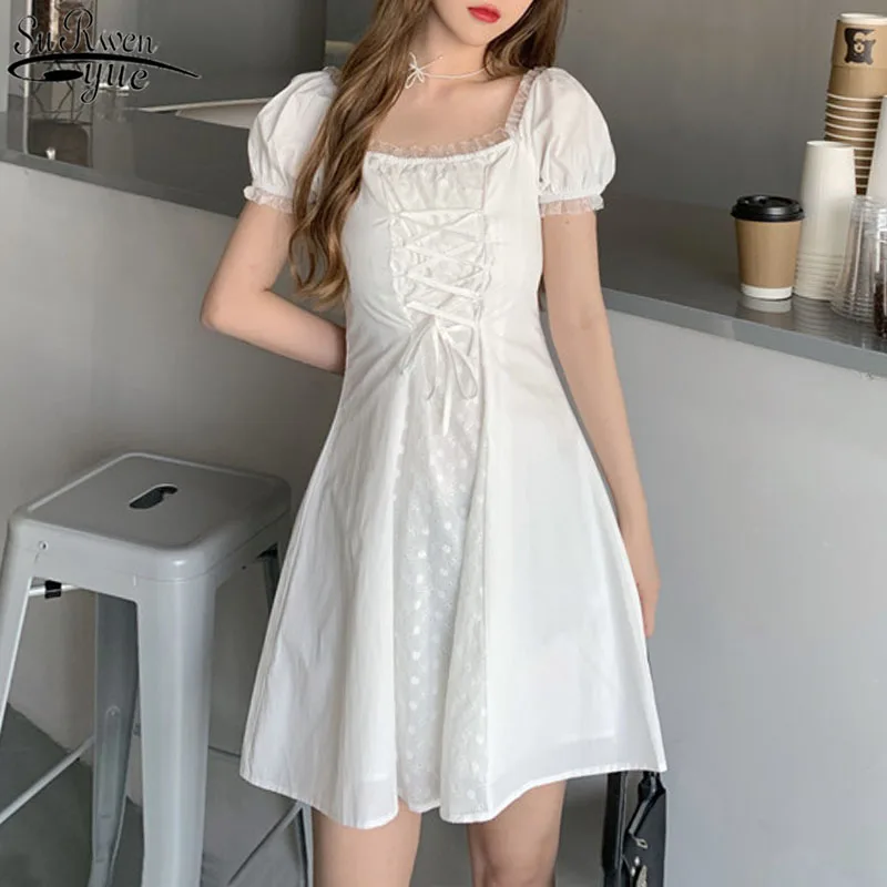 

White Dress Women 2021 Summer Dress Korean Retro Square Collar Mini Dresses New Super Fairy Sweet Princess Solid Vestido 14674