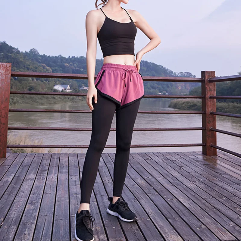

High Quality Yoga Pants Fake 2 PCS High Waist Gym Leggings Slim Trouser for Women Sprots X85