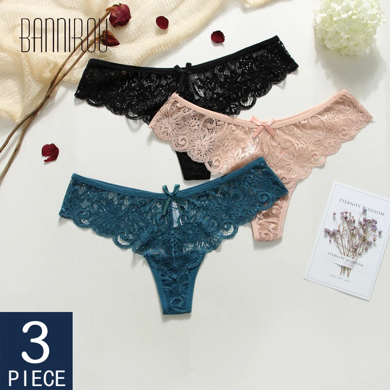 

Sexy Lace Panties Underwear Woman Thong G-String Panty 3 Pcs Woman Thong T-back Female Underwear For Woman Sexy Thongs BANNIROU