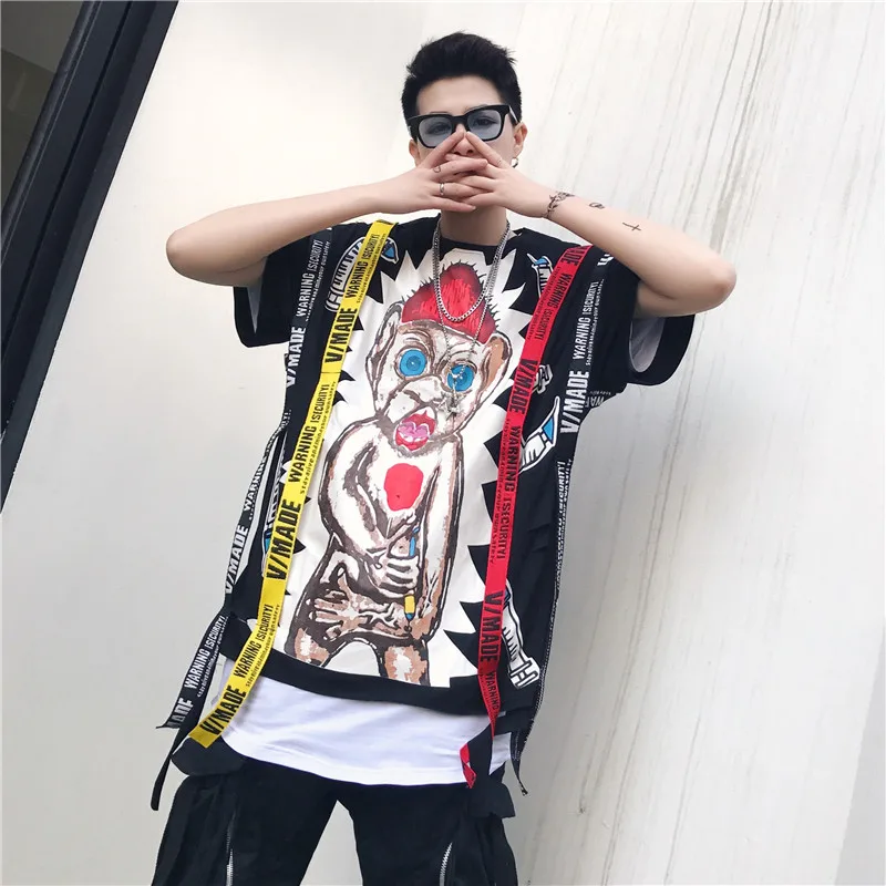 Oversize Футболка мужская хип-хоп короткий рукав мультфильм печати ленты черный