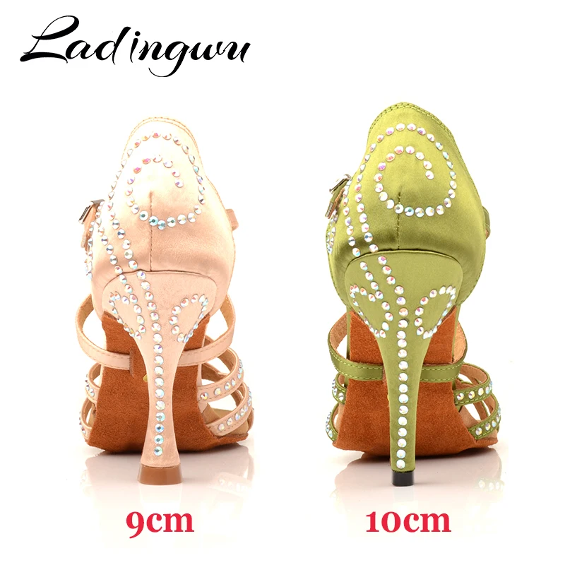 Ladingwu Dance Shoes Latin Women Rhinestone Salsa Shoes Dance Ballroom Party Profession Dance Shoes Heel 10cm Green Skin Color