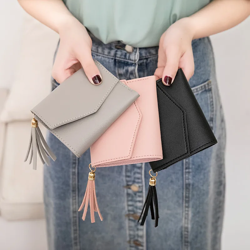 Cartera pequeña de cuero con cierre a presión para mujer, cartera pequeña con tres pliegues, tarjetero