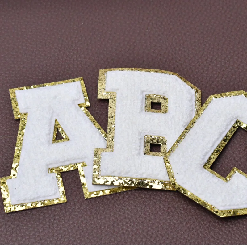 A-Z 26 Letters White Glitter Chenille Embroidered Patches Iron on Alphabet Letters Embroidery Applique