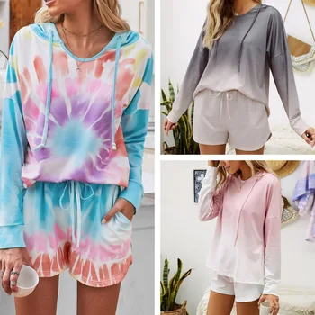 

2020 Women's Casual Pajama Suit Gradient Color Hooded Long Sleeve Top + Drawstring Elastic Waist Belt Shorts Set Home Service