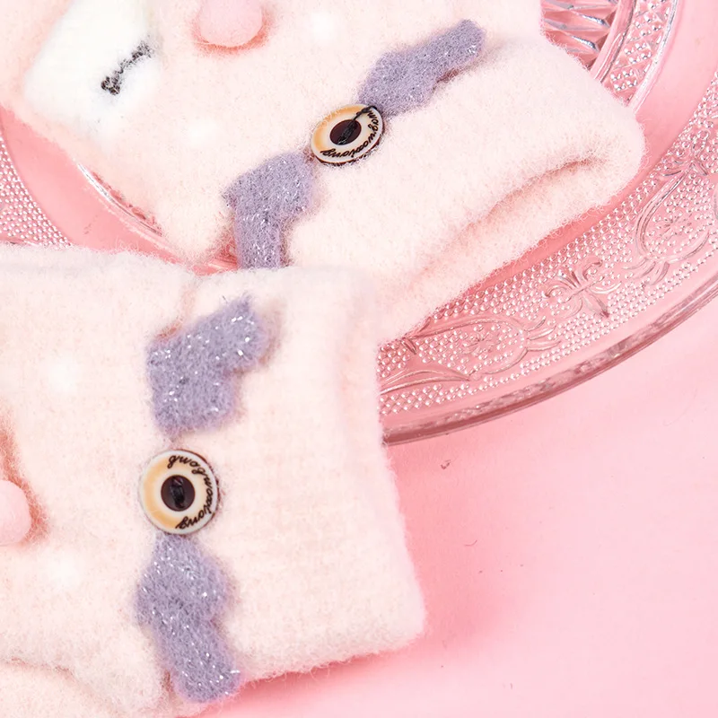 Lovely 4-9 Years Old Children Winter Warm Cartoon Fox Knit Mittens Boy/Girls Fur Wool Knit Kids Soft Half Finger Flip Gloves I40