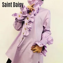 

SaintDaisy Button Up Women Tops Blouse TShirt Purple White Fashion Fall Clothes Dropshipping Ruffled Collar Vintage COTTON Folds