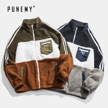 

Retro Men Lamb Cashmere Jackets Zipper Stand Collar Oversize Hip Hop Streetwear Harajuku Patchwork Warm Winter Men's Jackets