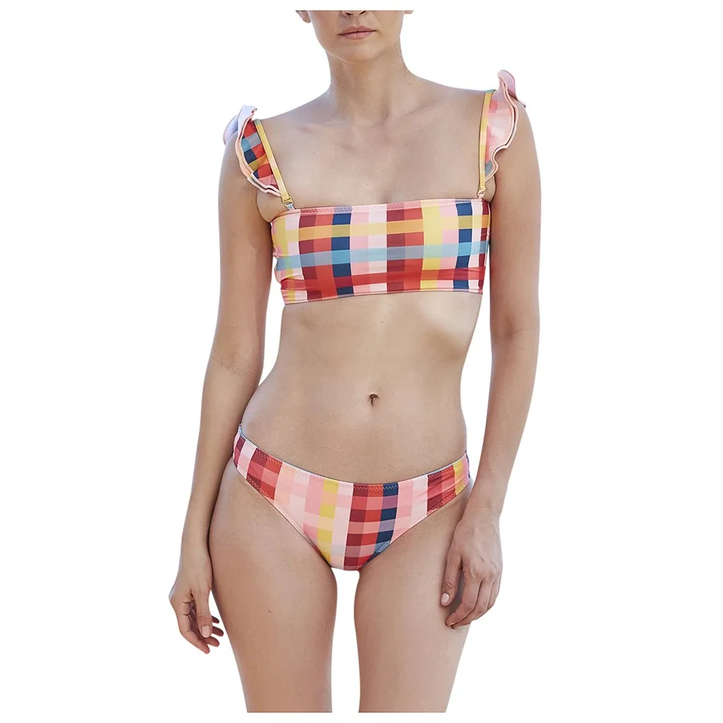

Cute Ladies Swimwear Swiming Suit Women's Sexy Square Collar Print Ruffle Backless Bikini Split Brazilian Maillot De Bain L1212