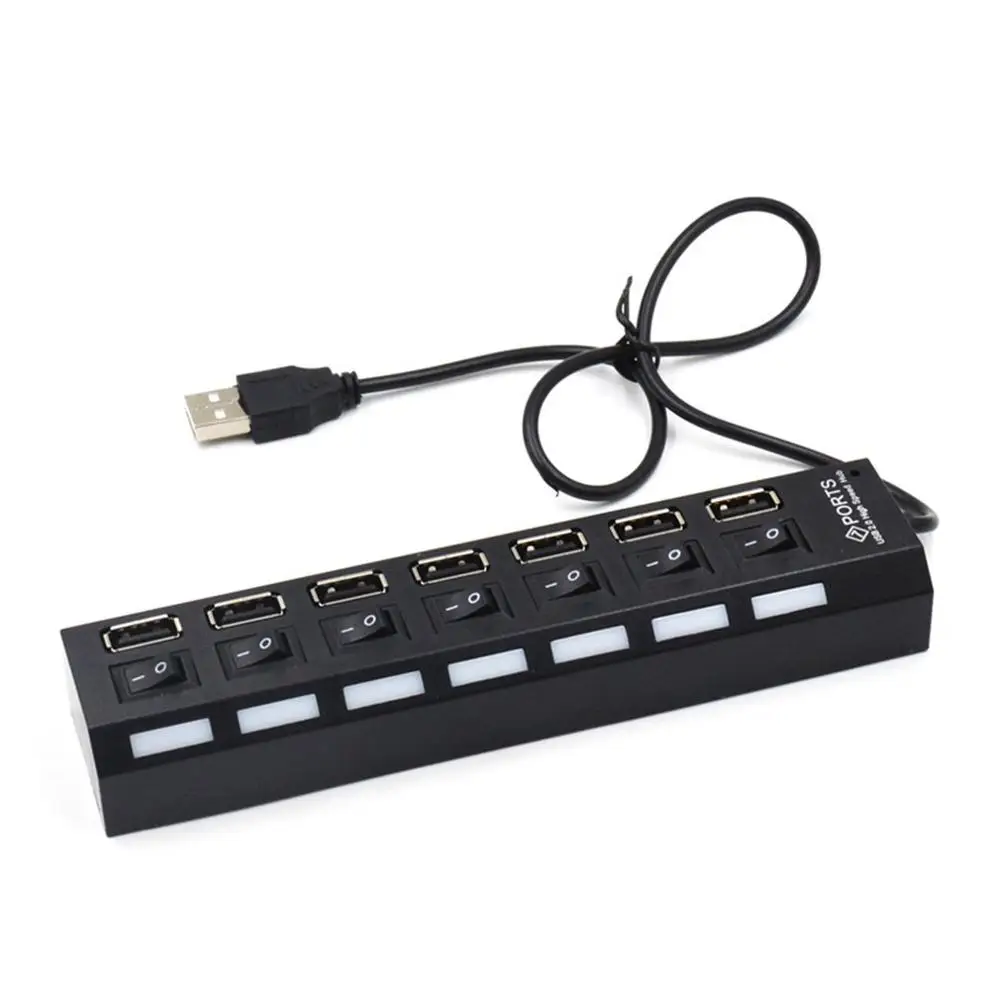 7-портовый usb-концентратор 7 отверстий со световым переключателем Usb2.0 One Drag Seven линейный разделитель удобный и практичный - Цвет: Черный