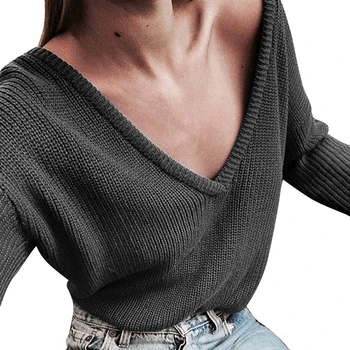 

Sweater Women Oversize Female Casual Deep V Neck Knitted Sweater Jumper Tops Long Sleeves*