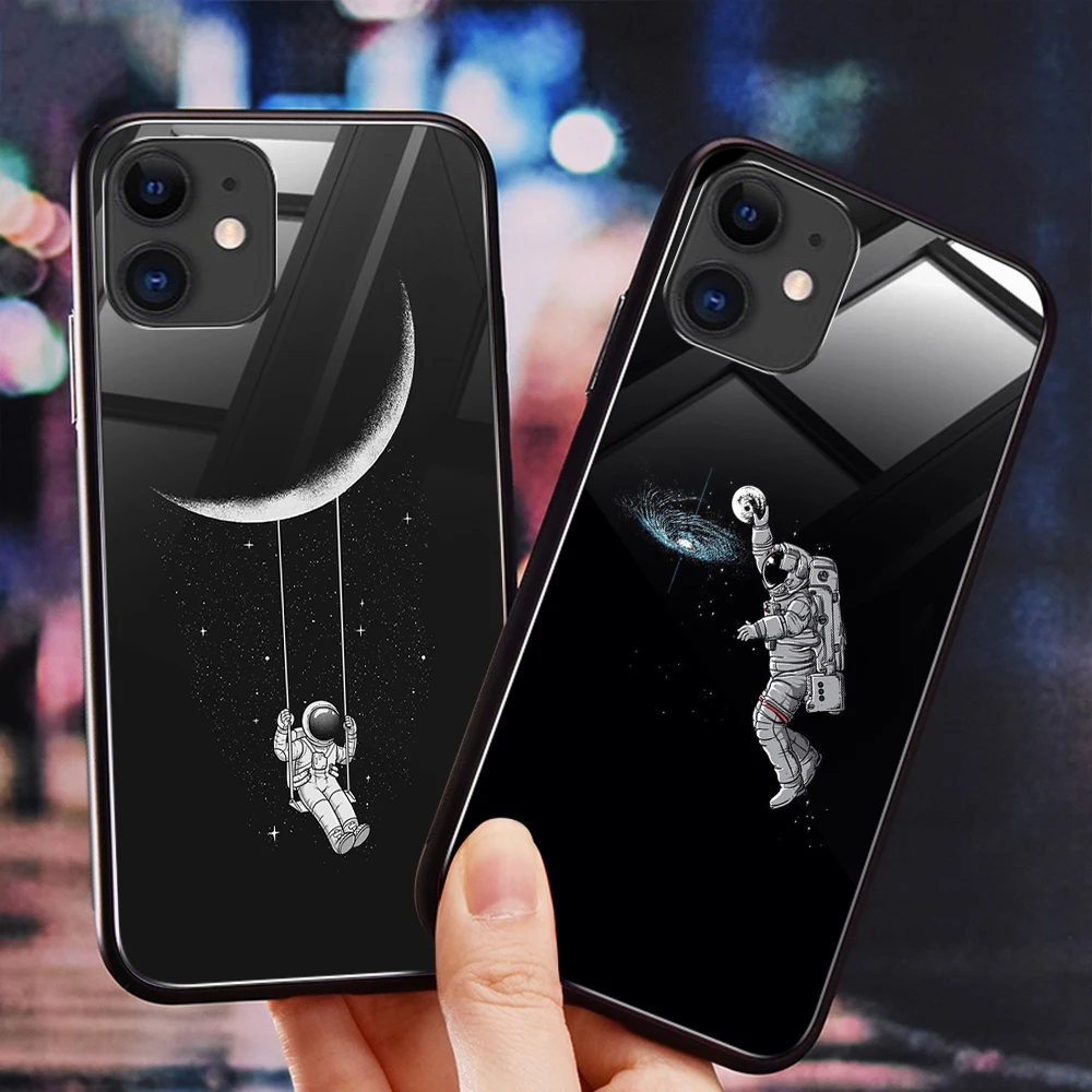 Funny Spaceman Tempered Glass Phone Case for iPhone 11 iphone 6s 6plus 7/8p Back Cover X XS MAX TPU Soft |