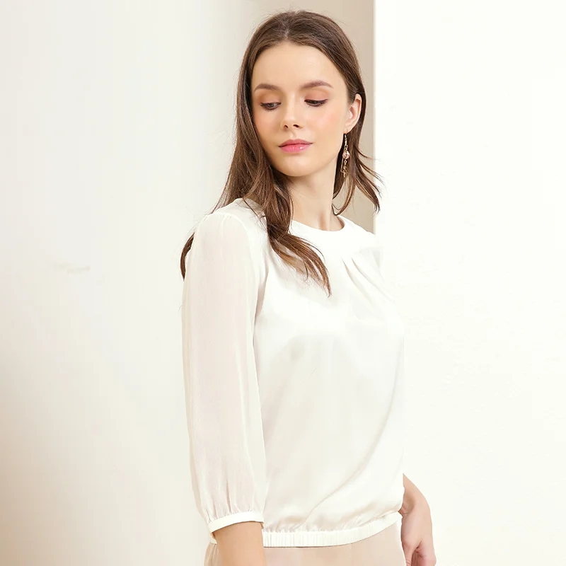 

Jinju spring and summer new round neck solid color wild temperament professional fashion silk women's shirt