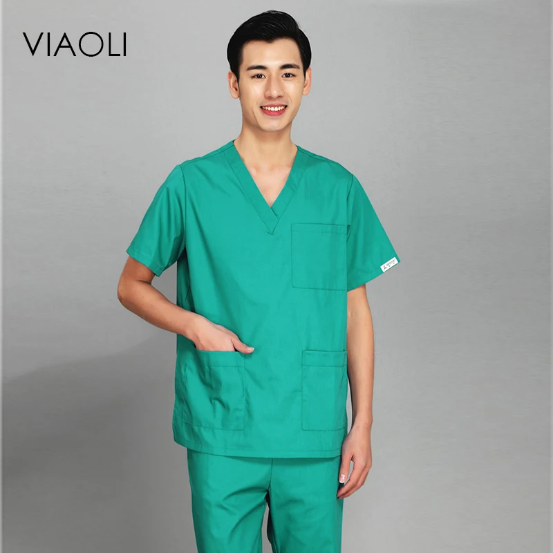 Viaoli 2018 new summer short-sleeved surgical clothing men and women doctors suits split brush suit Green suit