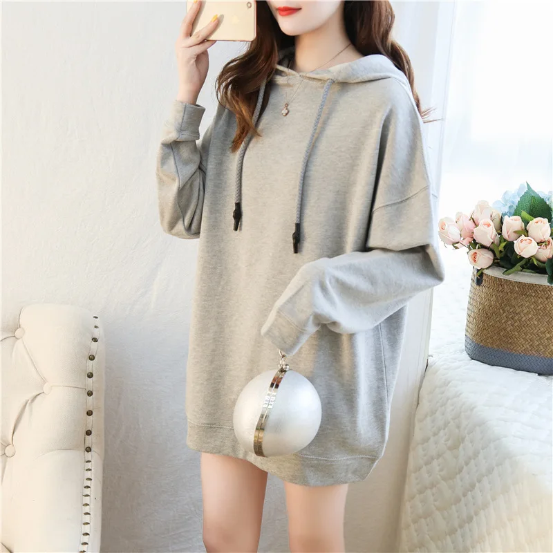 

South Korea 2019 Spring Clothing New Style Solid Color Loose And Plus-sized Mid-length Thin Hoodie WOMEN'S Dress Dongdaemun T-sh