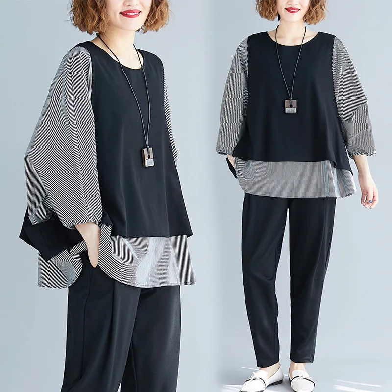 2019 Autumn Clothing New Style Korean-style Literature And Art Stripes Versatile Long-sleeved T-shirt Fat Mm Slimming Comfortabl