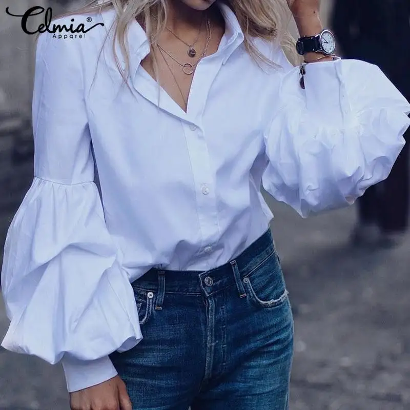 

Celmia Fashion Shirts Women Long Puff Sleeve Blouse Lapel Buttons Casual Loose Solid Party Tops Work Blusas Femininas Plus Size