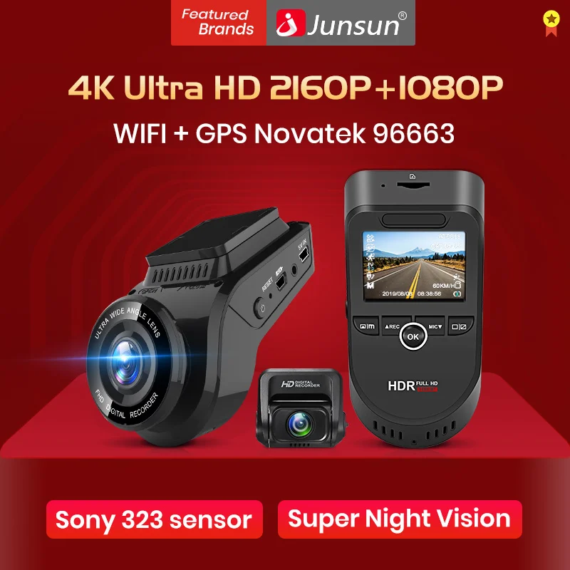 Junsun автомобиля видеорегистратор двойной объектив Dashcam Встроенный gps трекер 4 к 2160