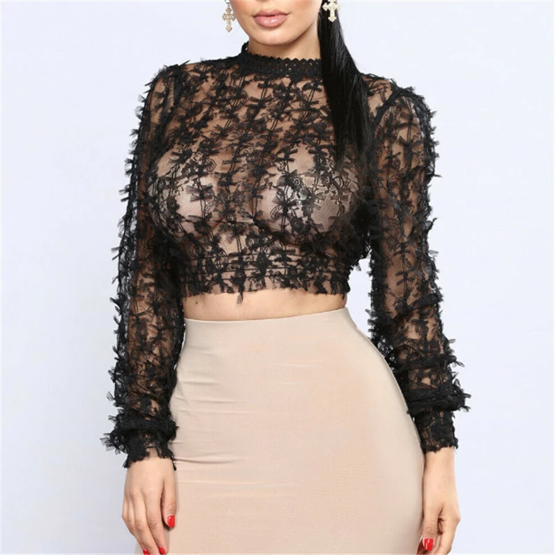 New Fashion Women Mesh Blouse Ladies Sexy Hollow Lace Shirt Casual Long Sleeve Crop Tops White Transparent Clubwear