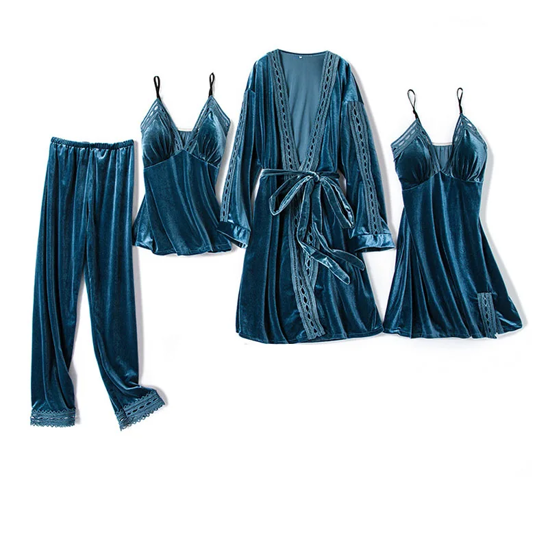 Теплые зимние женские пижамы, утолщенная одежда для сна, 4 штуки, золотой бархатный пижамный комплект, свободный большой размер, длинный рукав, Женская домашняя одежда - Цвет: Grey Blue